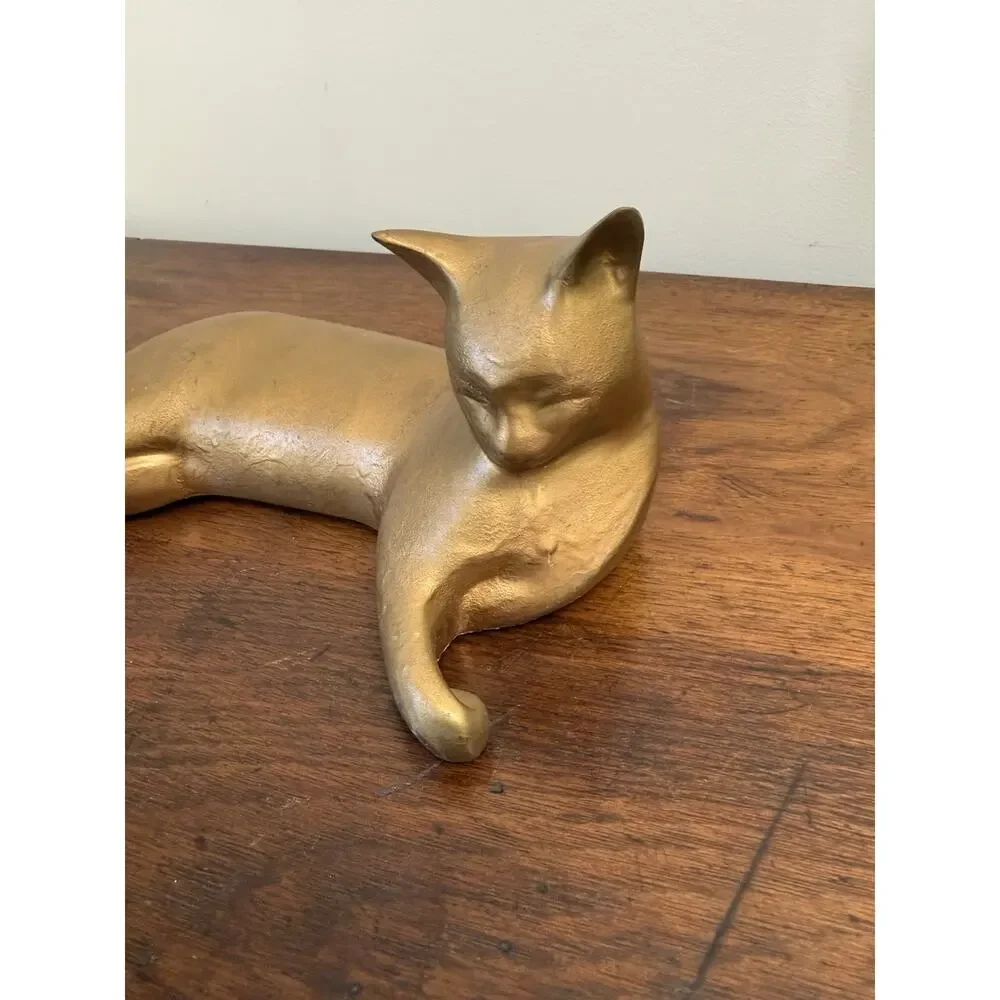 Vintage Solid Brass Reclining Cat Sculpture 11.25